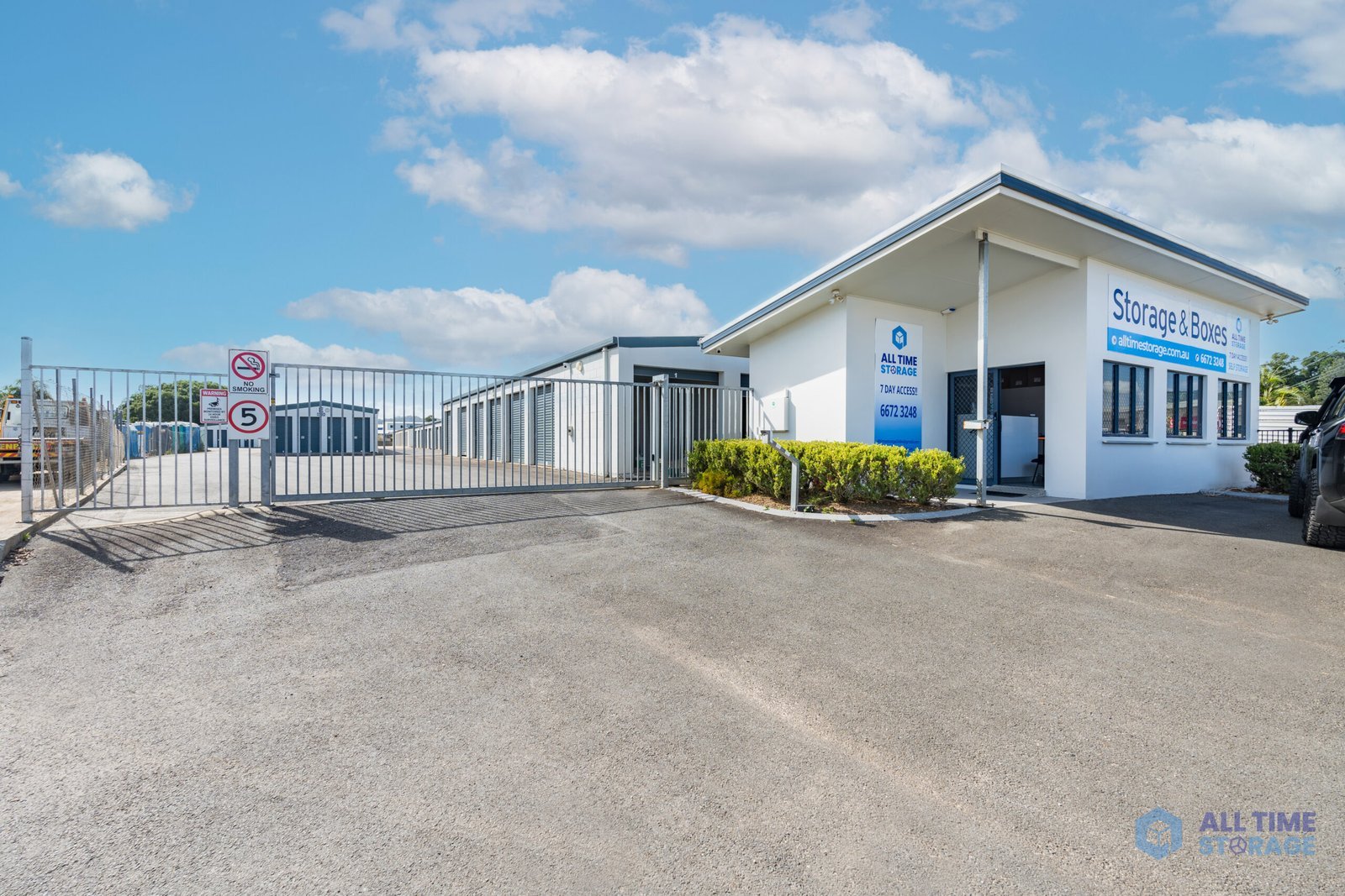 Gated entrance and storage units at All Time Storage